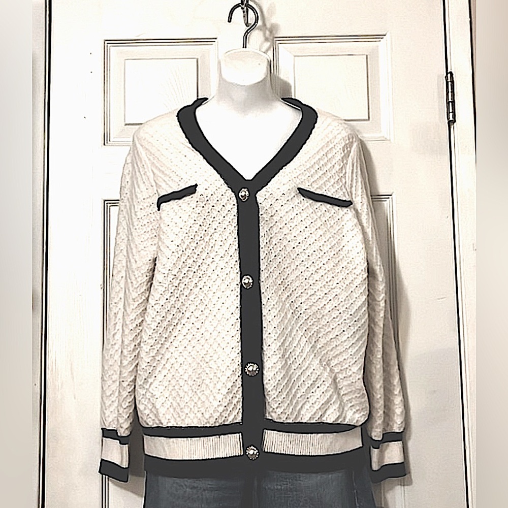 Lark + Grey Womens  Vintage Cream Button Down Honey Comb Knit Cardigan Sweater L - Picture 4 of 11